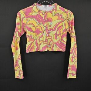 Frankies Bikinis‎ Womens Cheri Terry Cardigan Size S Psychedelic Print Cropped